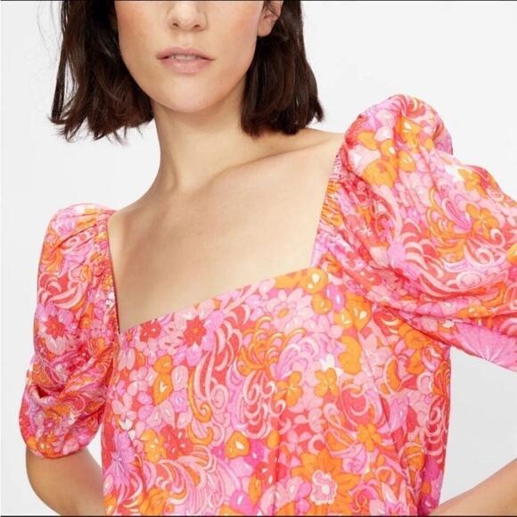 Ted Baker London Betha Floral Square Neck Dress In Pink & Orange Size 2 - Picture 3 of 9